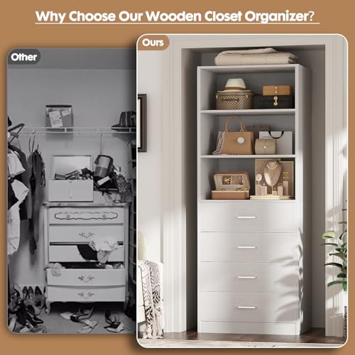 Aheaplus Closet Drawers System, 21.3" Wood Closet Organizer System with 4 Drawers, Modular Walk-in Closet System Storage Unit, Small Closets Wardrobe Rack, Tall Storage Cabinet Unit, White - color: White