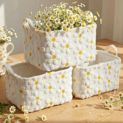 Kathfly Daisy Storage Baskets Plush Faux Fur Jacquard Design Laundry Basket with Handles Waterproof Flower Storage Bins Fabric Shelf Baskets for Organizing Closet Clothes - style: Daisy
