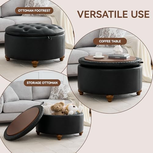 WUTUTUEE 30Inch Round Storage Ottoman with Tray, Modern Tufted Leather Circle Coffee Table with Storage, Upholstered Ottoman with Removable Top for Living Room, Bedroom, Leather Black - color: Leather Black, size: 30 Inch