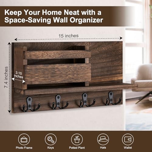 Key and Mail Holder for Wall Decorative - Rustic Mail Organizer Wall Mount, Wooden Letter Sorter Organizer with 4 Key Rack Hooks for Hallway Kitchen Farmhouse Decor (Brown) - color: A - Brown