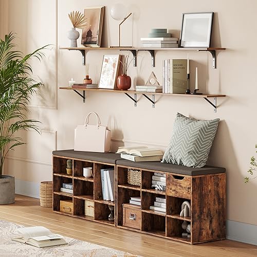 DINZI LVJ Long Wall Shelves, 31.5 Inch Wall Mounted Shelves Set of 2, Easy-to-Install, Wall Storage Ledges with Sturdy Metal Brackets for Living Room, Bathroom, Bedroom, Kitchen, Rustic Brown - color: Rustic Brown, size: 31.5 Inch