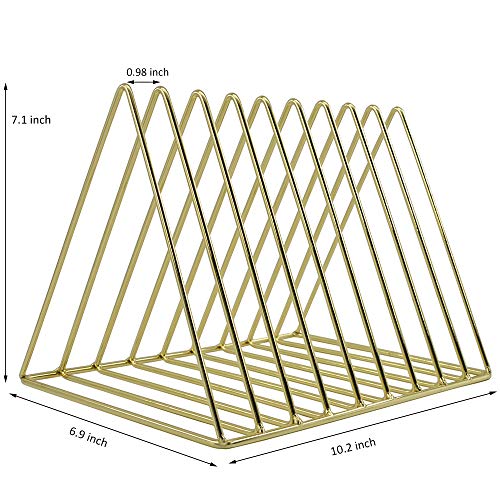EASEPRES Gold File Holder Organizer, Triangle Record Album Holder Magazine Wire Rack, 9 Slot Multifunction Desktop Storage Decor for Home Office - color: Gold