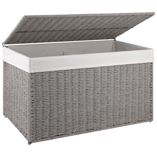 OIAHOMY Storage Basket with Lid, 27.7 Gallon (105L) Blanket Basket with Removable Separated Liner Bag, Paper Rope Hamper with Handle, Foldable, Shelf Basket for Living Room, Grey - color: Grey