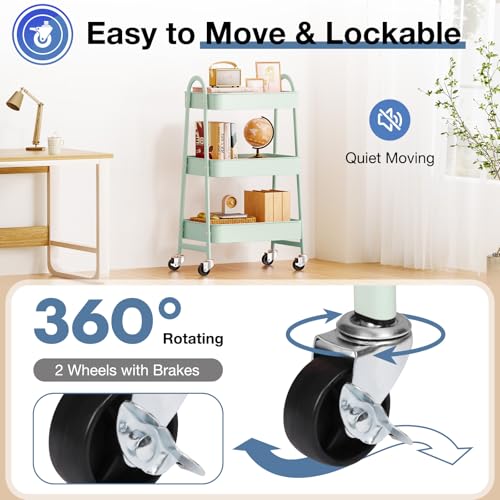 OLIXIS Metal 3 Tiers Utility Rolling Cart with Lockable Caster Wheels, Mobile Storage Shelf, Organization for Livingroom, Bathroom & Narrow Places, Pale Green - color: 3-tiered Pale Green, size: 3-Tiered 17 inches