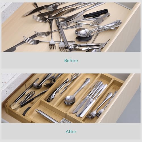 Navaris Bamboo Kitchen Drawer Organizer - Adjustable Silverware Organizer, Utensil Holder & Cutlery Tray - 11 Slots - Expandable Tray for Office, Tools, Makeup, Stationery