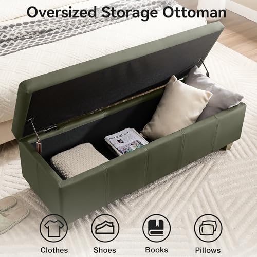 WUTUTUEE 51" Faux Leather Storage Ottoman, Stitch Tufted Rectangle Upholstered End of Bed Storage Bench, Entryway Large Couch Ottoman with Wooden Legs,Green - color: Green, size: 51 Inch