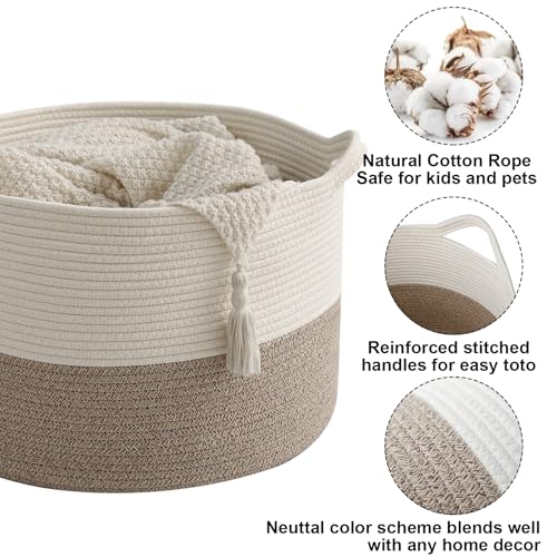 Large Woven Blanket Basket,65L Cotton Rope Laundry Basket Hamper with Handles, Decorative Nursery Basket Storage Bin for Toys, Clothes Organizer, Living Room, Bedroom, Bathroom, White & Brown - color: White&Brown, size: 19.7"L x 19.7"W x 13"H(65L)