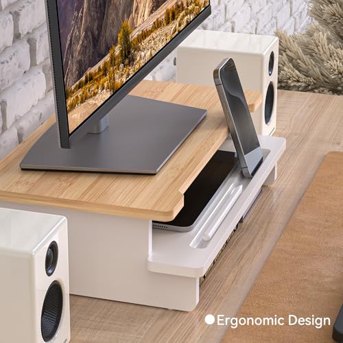 Computer Monitor Stand Riser, 16.5 Inch Wood Desk Shelf Storage Organizer with Phone Tablet Holder, White & Natural Bamboo - color: White & Natural Bamboo, size: 16.5 inch