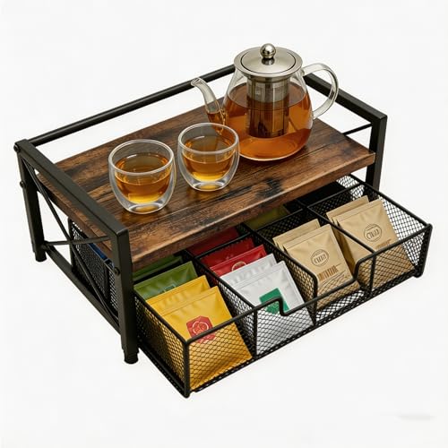 Tea Bag Organizer With Adjustable Drawer, Teabag Bar Holder Organizer For Counter, Wood ＆ Metal Station Storage Chest Display, Coffee Packet Containers Box For Countertop Kitchen Office Rustic Brown - color: Rustic Brown