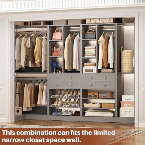 Besiost Closet System with 4 Drawers & Corner Tower, Closet Organizer System with 4 Hanging Robs, Reversible U Shaped Walk-in Closet System, Load 2600+LBS Capacity, Set of 4, Morandi Grey - color: Morandi Grey, size: 117" * 31.5"