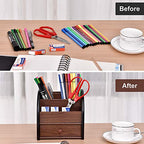 Siveit Wooden Desktop Organizer with Drawer, Multifunctional Office Supply Storage - Remote Control Caddy Holder