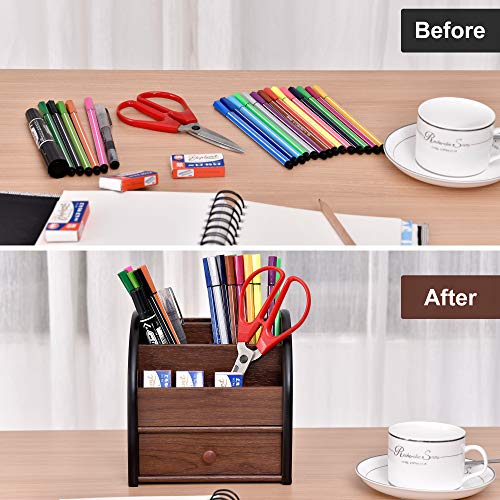 Siveit Wooden Desktop Organizer with Drawer, Multifunctional Office Supply Storage - Remote Control Caddy Holder