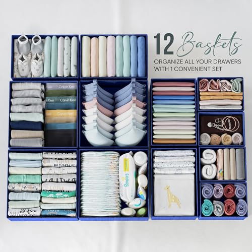 Drawer Organizer Clothes Set of 12 Navy - Dresser Organizer For Nursery, Bedroom, Closet - Perfect Baby Clothes Organizer and Storage & General Nursery Organization or Dresser Drawer Organizers - color: Navy