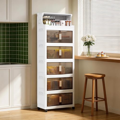 6 Tier Plastic Storage Bins with Top Open Shelf, Folding Storage Box with Doors and Wheels, Stackable Closet Organizers for Living Room, Office, Dorm