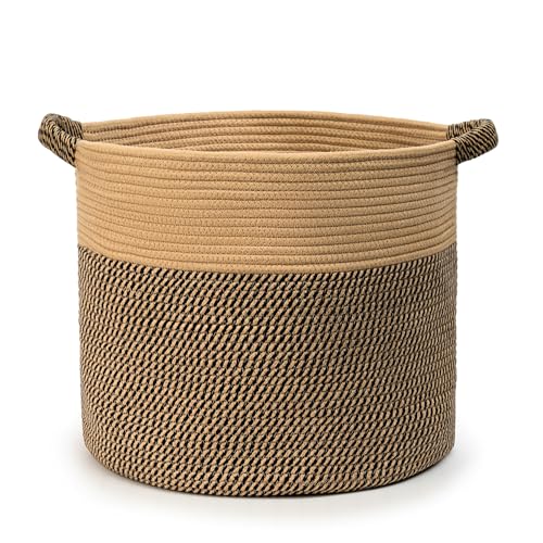 Blanket Basket - Woven Round Rope Storage Basket (16"Wx14"H) for Blankets & Throws, Small Laundry & Toy Organizer, Decorative Living Room & Bedroom Cotton Basket - Jute & Black - color: Jute & Black, size: Regular-16"Wx14"H