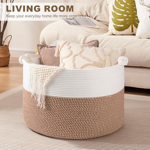 OIASKET XXL Large Blanket Storage Basket for Living Room, 105L Woven Cotton Rope Basket with Handles, Baby Toy Storage, Laundry Hamper for Clothes, Pillows, Towels-Yellow and White - color: Yellow & White, size: 105L