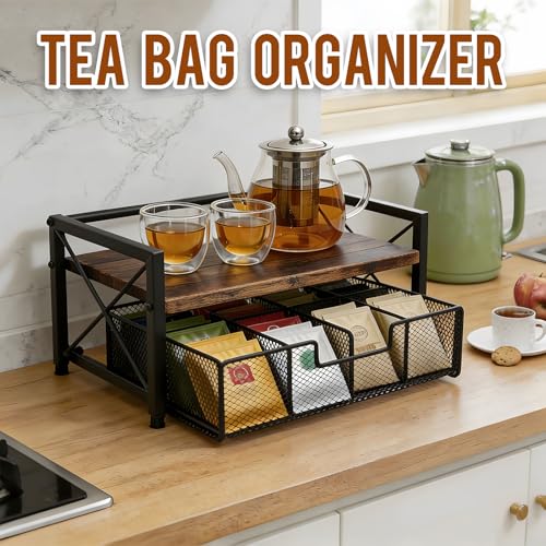Tea Bag Organizer With Adjustable Drawer, Teabag Bar Holder Organizer For Counter, Wood ＆ Metal Station Storage Chest Display, Coffee Packet Containers Box For Countertop Kitchen Office Rustic Brown - color: Rustic Brown