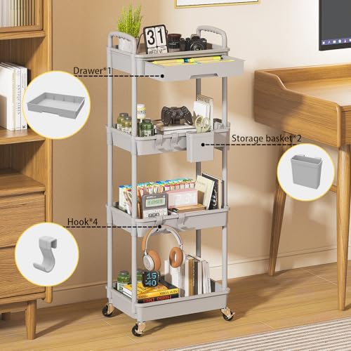 4 Tier Rolling Utility Cart with Drawer, Plastic Storage Organizer Rolling Carts with Wheels Handles Hanging Cups Hooks for Office, Bathroom, Kitchen,Craft Art Room (Grey) - color: Gray, size: 4-Tier