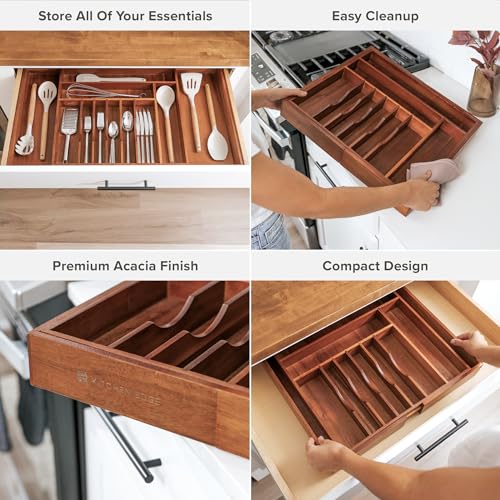 KitchenEdge Premium Silverware, Flatware and Utensil Organizer for Kitchen Drawers, Food-Safe Contract Grade, Expandable from 18 to 33 In, Natural Acacia - color: Natural Acacia, size: From 18" to 33" wide