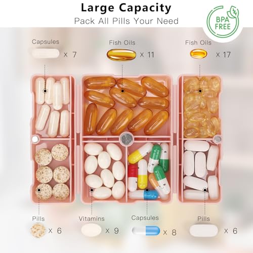 FYY 2 Pcs Daily Pill Organizer, 7 Compartments Portable Pill Case Travel Pill Organizer,[Folding Design] Pill Box for Purse Pocket to Hold Vitamins,Cod Liver Oil,Supplements and Medication-Pink+Navy - color: Pink+navy, size: Large (1 Piece), Small (1 Piec