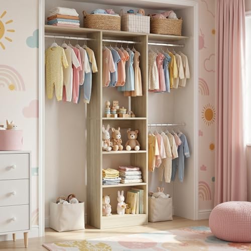 Cyclysio 4FT Small Closet System, 80"H Closet Organizer System with 4 Closets Rods & 3 Shelves, 48" Closets Organizers and Storage for Small Bedrooms, Laundry Rooms, Cloakrooms, White Oak - color: White Oak