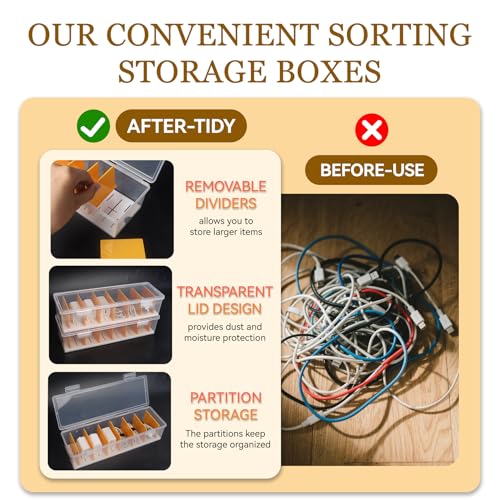 Klmnop 2 Pack Cable Organizer Box with 20 Wire Ties 30 Cable Labels, Clear Plastic Cord Storage Box with Lid, Phone Charger Organizer for Home Office Desk Drawer(Clear)