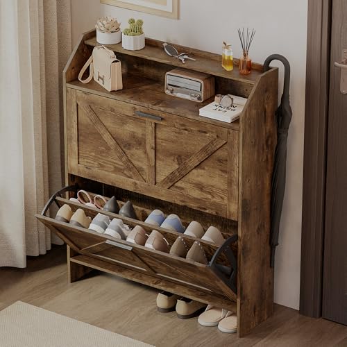 Mericonia Farmhouse Shoe Cabinet with 2 Flip Drawers, Shoes Storage Cabinet, Freestanding Shoe Rack Organizer for Entryway, Rustic Brown - color: C-rustic Brown (Flip Drawers)
