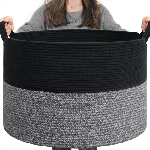 INDRESSME XXXLarge Cotton Rope Basket Woven Baby Laundry Baskets Blanket Baskets Toy Basket with Handle Comforter Cushions Storage Bin Thread Laundry Hamper - 21.7" x 21.7" x 13.8" - color: Black & Grey, size: 21.7"D x 13.8"H