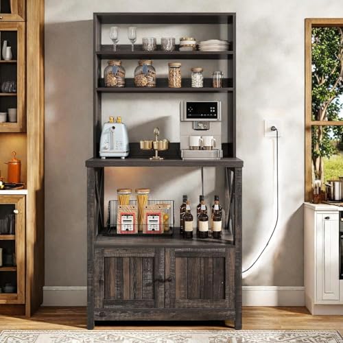 DWVO Baker Rack with Power Outlet and Storage, Farmhouse Microwave Stand with Door for Kitchen, 5-Tiers Tall Coffee Bar Station Cabinet Thickened Counter with Hutch Shelves, Black Oak - color: Black Oak, size: 31.5''W