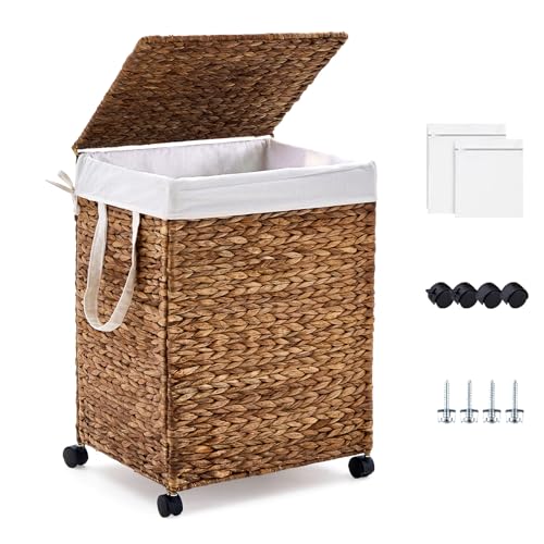 Rolling Laundry Hamper with Lid, Natural Water Hyacinth Basket with Removable Liner, Wheel or Non-Slip Installation Laundry Basket for Home Use (Espresso, 100L) - color: Espresso, size: 100L