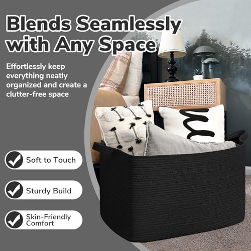 Goodpick Large Blanket Basket Living Room, 21.6" x 14.9" x 11.8" Woven Storage Basket for Blankets, Toys, Rectangle Rope Dirty Clothes Baskets for Nursery, Bedroom, Black - color: Black, size: Large(21.6"L x 14.9"W x 11.8"H)