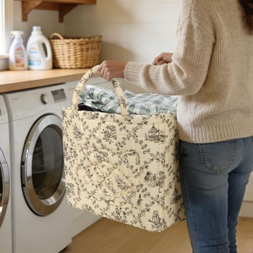 Quilted Fabric Basket Foldable Car Storage Boho Floral Laundry Basket Hamper for Nursery Bedroom & Living Room | Organize Clothes Toys - color: Beige French Manor