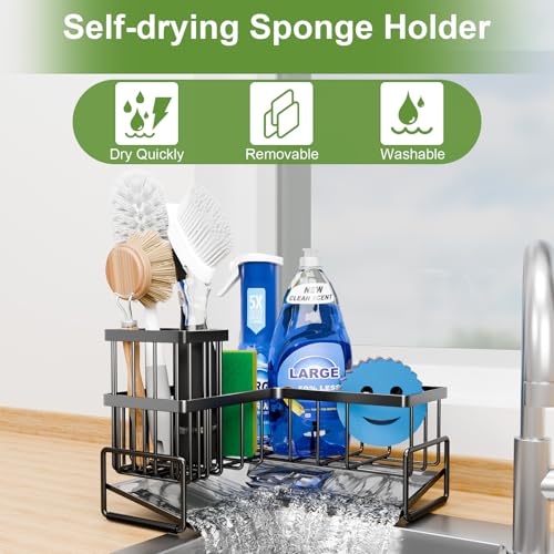 Fikoksol Large Sponge Holder for Kitchen Sink, 90-Degree Sink Caddy Organizer with Drain for Kitchen Countertop Corner, Metal Rust Proof Soap Sponge Dish Brush Sink Rack Holder Kitchen Storage Ideas