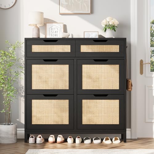 Jocoevol Rattan Shoe Cabinet for Entryway with 4 Flip Drawers and 2 Drawers, Narrow Freestanding Shoe Storage Cabinet with Metal Legs for Entryway/Hallway/Foyer (Black) - color: Black