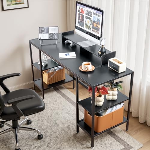 MINOSYS Computer Desk 55-inch with Storage Shelf - Black Ideal Gaming Desk for Bedrooms, Small Spaces, and Home Offices Modern Writing Desk for PCs. - color: Tx-black, size: 55 inch