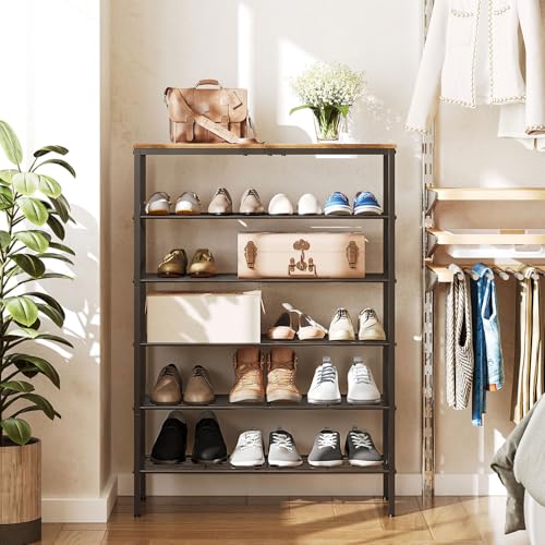 YATINEY 6-Tier Shoe Rack, Shoe Storage Organizer for Closet, Free Standing Shoe Organizer with Metal Mesh Shelves, 24 Pairs of Shoes, Rustic Brown and Black SS06BR - color: Rustic Brown + Black, size: 27.8" x 10.8" x 39.2"