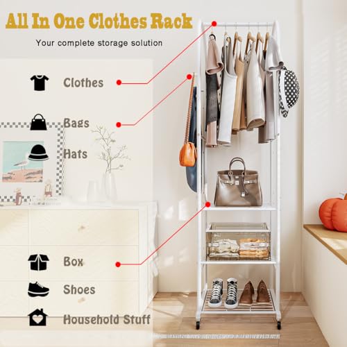 SUOERNUO Clothes Rack With Wheels and 3-Tier Metal Shelves,Clothing Rack For Hanging Clothes With 4 Hooks,Garment Rack Wardrobe Organizer for Small Space,Black (white, 16.54 * 18.23 * 72.05) - color: white
