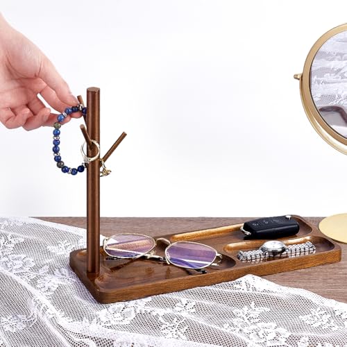 PH PandaHall Wood Key Tray for Entryway Table Key Holder Jewelry Tray for Home Decorations with Hanging Organizer Ring Bracelet Stand Tray for Watch Glasses Phone12.9x4.7x8.9 Inches, Brown