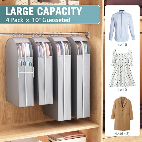 Liuoud 10" Gusseted Garment Bags for Hanging Clothes with Clear Window 50" Suit Bags for Open Closet Storage, Clothing Cover for Coat, Dress, Jacket, Shirt, Fur Wardrobe Protector, 4 Packs - color: Grey with window, size: 50 inch