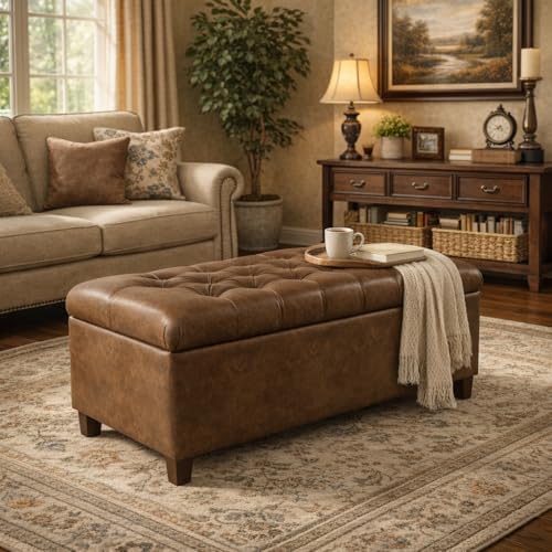 Homepop Home Decor | Button Tufted Storage Bench | Ottoman Bench with Storage for Living Room & Bedroom, Distressed Brown Faux Leather - color: Distressed Brown Faux Leather