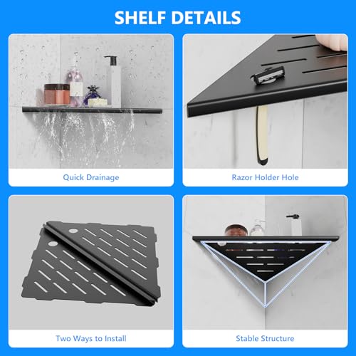 Shower Shelves 2 Pack, Corner Shower Shelf, 304 Stainless Steel Shower Caddy with Razor Hole, Shower Shelf for Inside Shower, Modern Sturdy Shelves for Tile Walls,10" Black Corner Shelf for Bathroom - color: Black