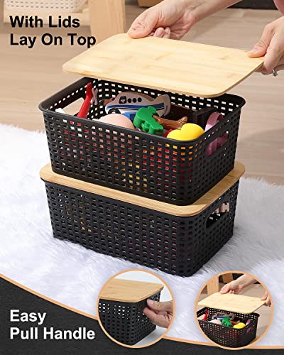 AREYZIN Storage Bins with Bamboo Lids Set of 6 Lidded Storage Container Plastic Baskets Organizer Bins for Organizing Kithen Room Bedroom Office Closet, Sturdy(Black)