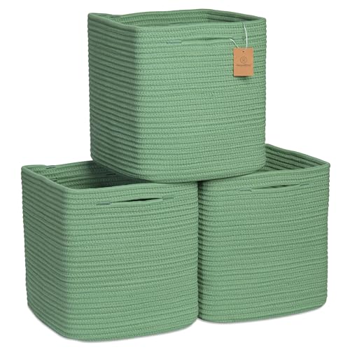 NaturalCozy Storage Cubes 11 Inch Cotton Rope Woven Baskets for Organizing, 3-Pack | Cube Storage Bin | Square Storage Baskets for Shelves Organizer, Classroom, Kids Toy Bins, Closet, Baby Nursery - color: Green