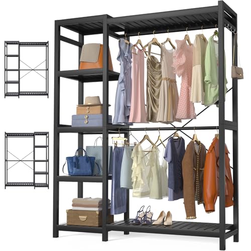 Homykic Bamboo Clothes Rack Garment Rack for Hanging Clothes, Heavy Duty Clothing Rack with 7 Tiers Adjustable Shelves, Double Rods, 4 Hooks, Freestanding Closet System Organizer Wardrobe, Black - color: Black, size: II Medium