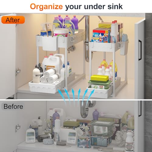 Sevenblue Under Sink Organizer, Bathroom Organizers and Storage, 2 Tier Multi-Use Pull Out Cabinet Organizer with Hang Hooks and Cups (White, 4 Pack) - color: White, size: 12.8 Inch
