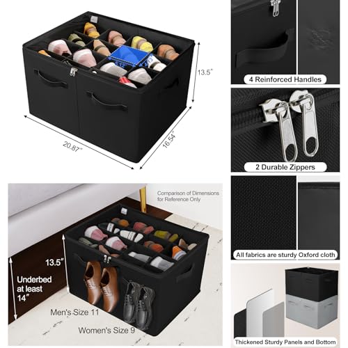 TOPIA HOME Shoe Organizer for Closet 2 Pack, Foldable Shoe Box with Adjustable Dividers and Clear Cover, Space Saving Shoe Storage Organizer Cabinet with Reinforced Handles, Fits 32 Pairs, Black TP12B - color: Black-2Pack, size: Large(20.87''L x 16.54''W