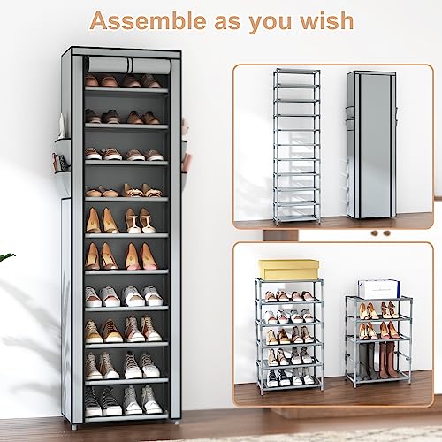VTRIN Vertical Narrow Shoe Rack Organizer Tall Shoe Rack for Closet Entryway 10 Tier Non-Woven Cover Shoe Shelf Holds 20-22 Pairs Free Standing Shoe Storage Cabinet with Dustproof Cover, Grey - color: Grey, size: 17.7"W x11.8"D x 68.9"H