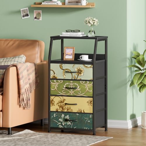 Furnulem Retro Dresser for Bedroom, Small Dresser for Closet, Vintage Nightstand with 4 Drawers, Fabric Storage Organizer Bedside Table Side Furniture, Metal Frame, Wood Top - color: Vintage Floral, style: 4 Drawers