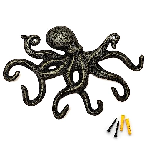 Key Holder for Wall, Octopus Wall Hooks Decorative for Hanging, Cast Iron Coat Hooks/Towel Hooks with 6 arms - Bronze - color: Bronze