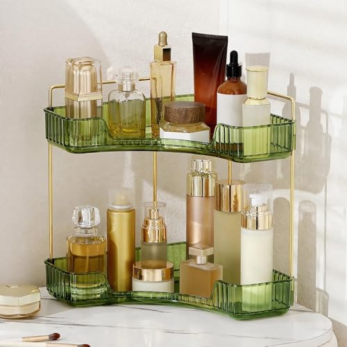 INVSSENE Corner Bathroom Countertop Organizer, Vanity Trays for Counter, Makeup Organizers, Perfume Tray, Kitchen Spice Rack, (Green, 2 Tiers) - color: Green, size: 13.6" x 10" x 15.1"